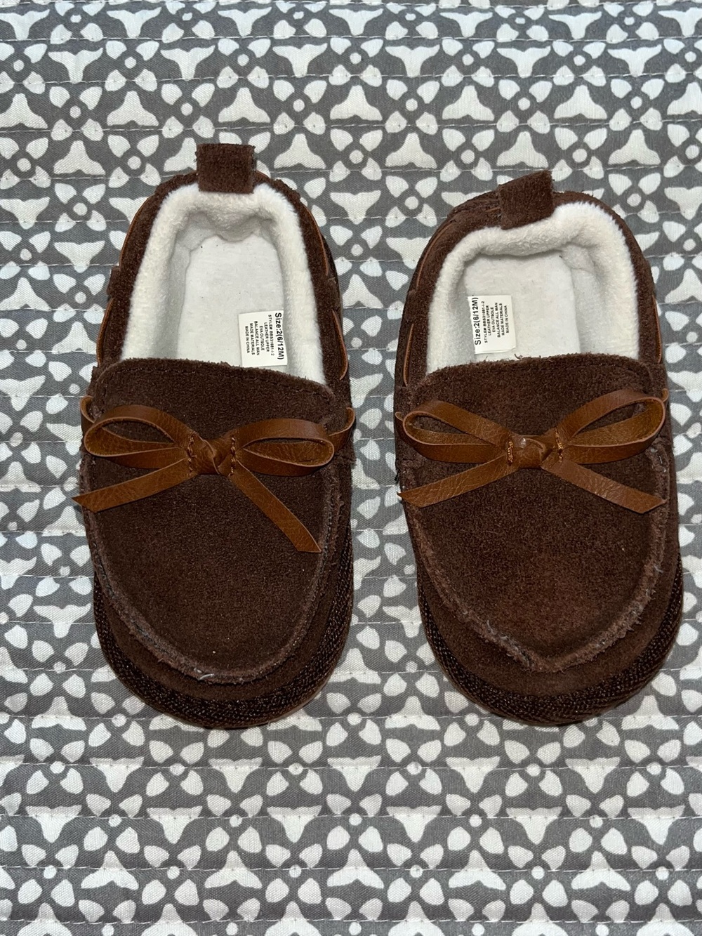Kids Brown Faux-Suede Moccasin Slippers - Cozy Lined - Size 2